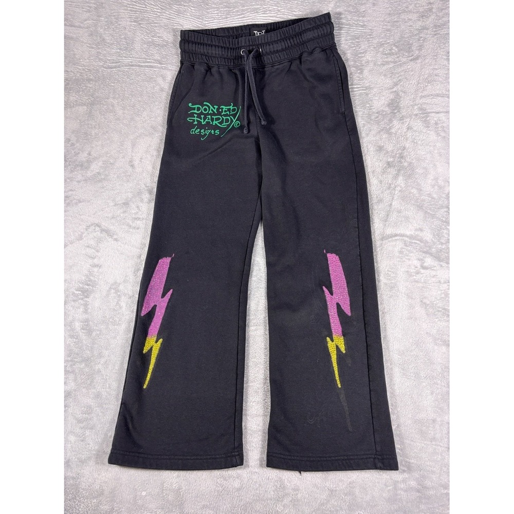 Ed Hardy Don Designs Biker Rhinestone Sweatpants 2000s Womens S Black Drawstring